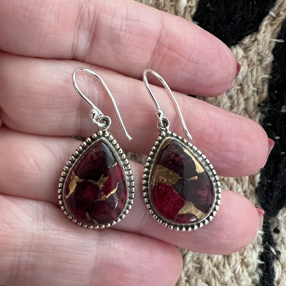 ❤️ Deep Red Dahlia Kingman Turquoise Navajo Southwestern Dangle Earrings 1.39”L